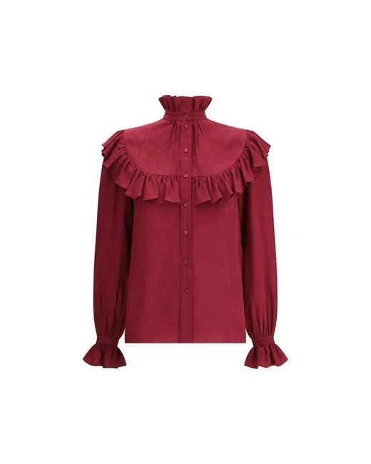 Saint Laurent Red Silk Shirt With Ruffles