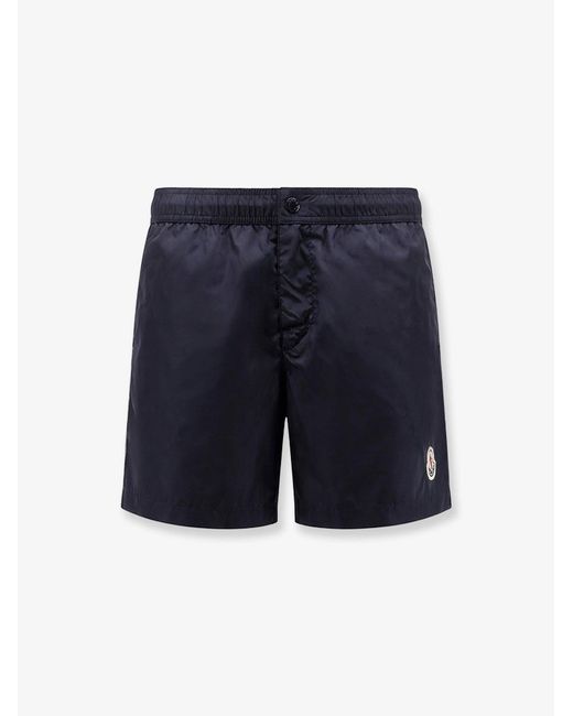 Moncler Blue Nylon Swim Trunks With Logo Patch On The Bottom for men