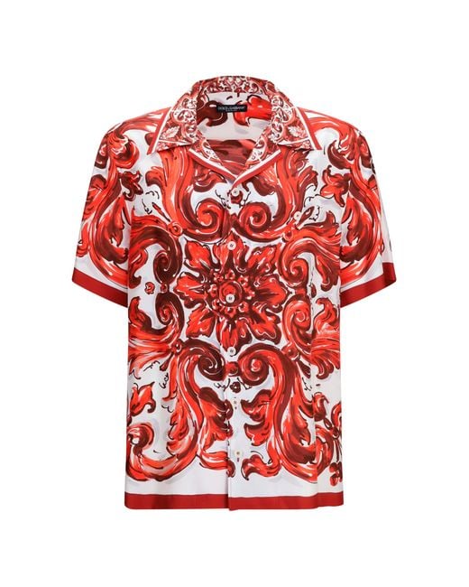Dolce & Gabbana Red Shirt Maiolica Hawaii Silk for men