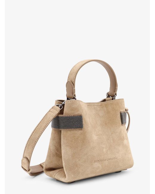 Brunello Cucinelli Natural Suede Shoulder Bag With Monili Detail