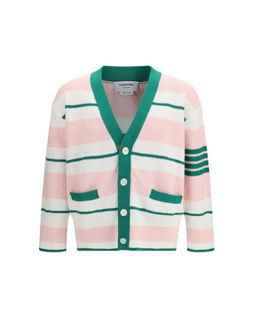 Thom Browne Green Classic Stripe Seed Stitch V Neck Cardigan for men