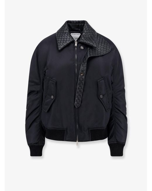 Bottega Veneta Blue Nylon Jacket With Intrecciato Leather Collar