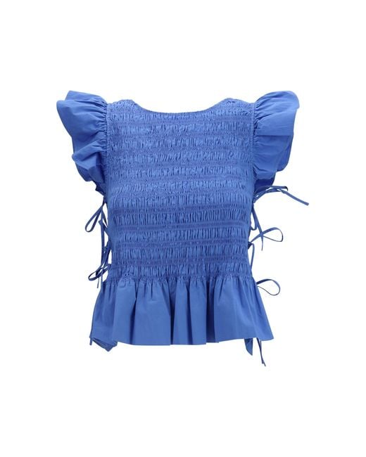 Ganni Blue Ruched Cotton Top With Side Bows
