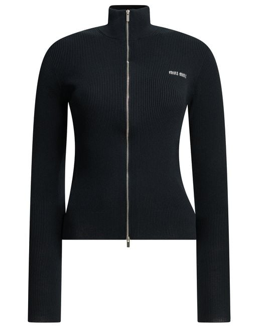 Miu Miu Blue Zip-Up Cotton Sweater