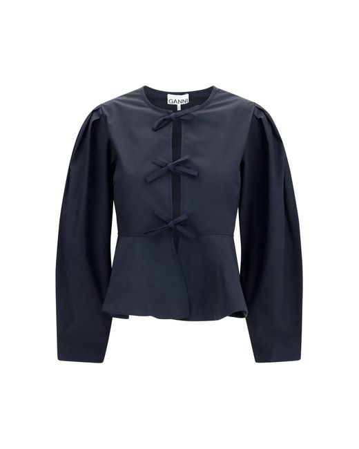 Ganni Blue Cotton Poplin Blouse With Bows