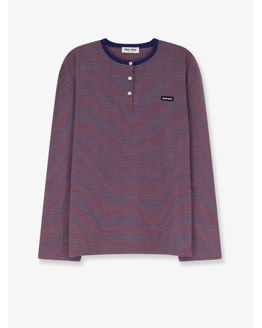 Miu Miu Purple Cotton T-Shirt With Striped Pattern