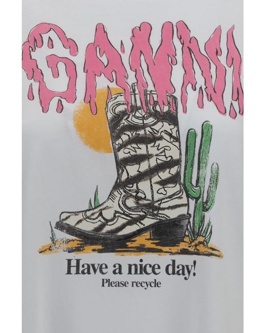 Ganni White Western T-Shirt With Cowboy Boots