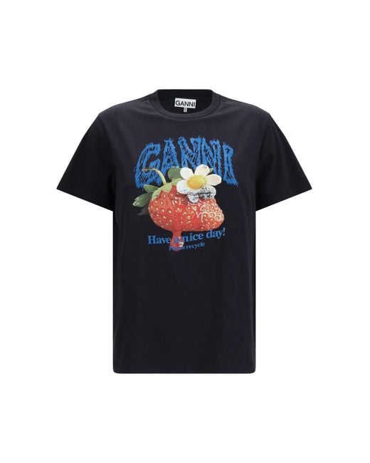 Ganni Blue Strawberry Cotton T-Shirt