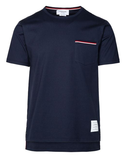 Thom Browne Blue Short-Sleeved T-Shirt With Contrasting Trim And Chest Pocket for men