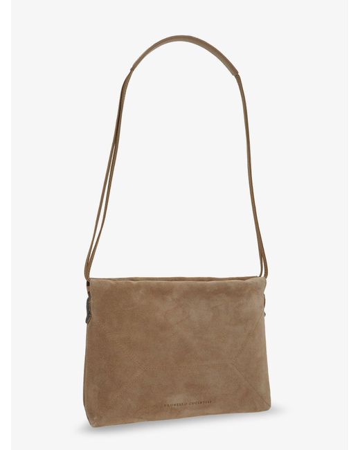 Brunello Cucinelli Natural Suede Shoulder Bag With Logo On The Front
