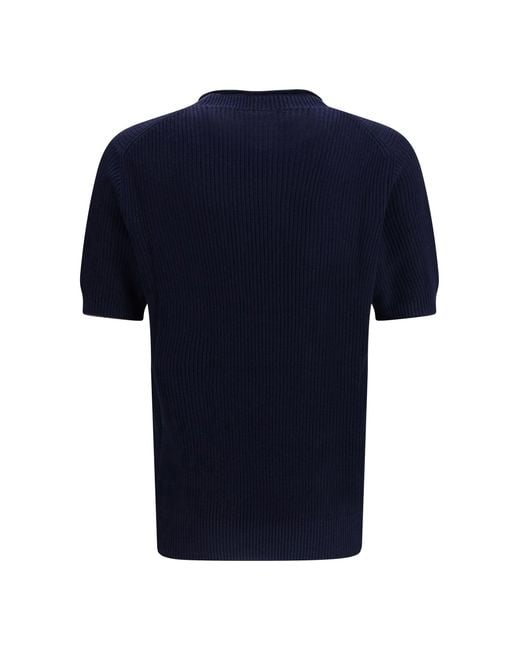 Brunello Cucinelli Blue Cotton And Linen Knit T-Shirt for men