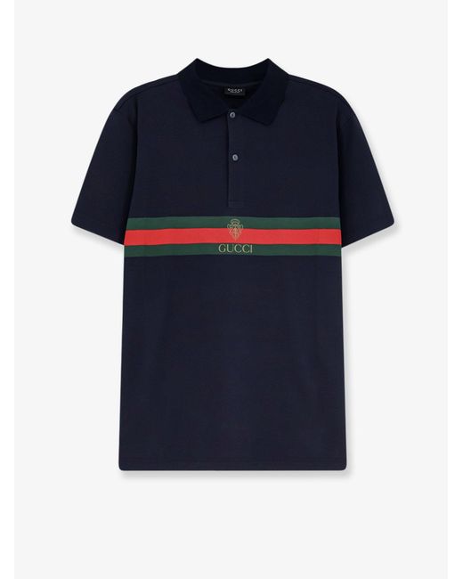 Gucci Blue Cotton Polo Shirt With Web Print On The Front for men