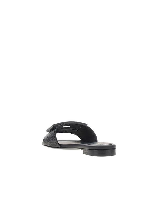 Fendi Black 'Baguette' Grained Leather Slides