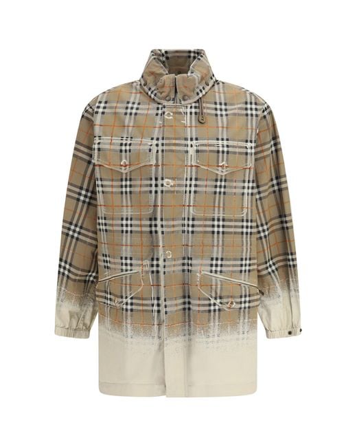 Burberry White Gabardine Parka Faded Check Taupe for men