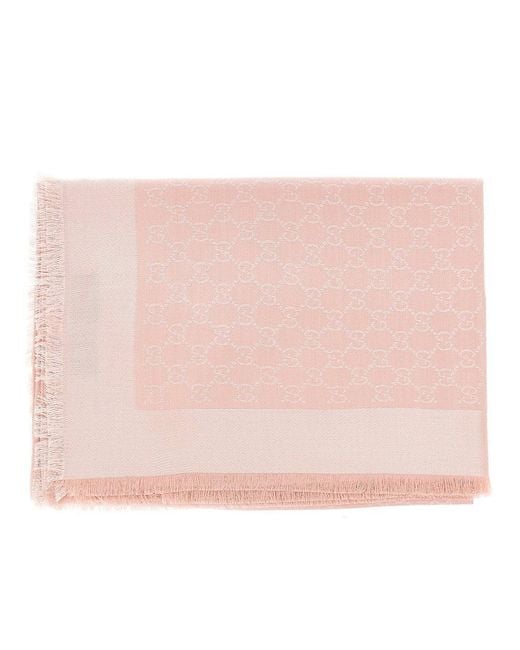 Gucci Pink Silk And Wool Scarf With Gg Motif