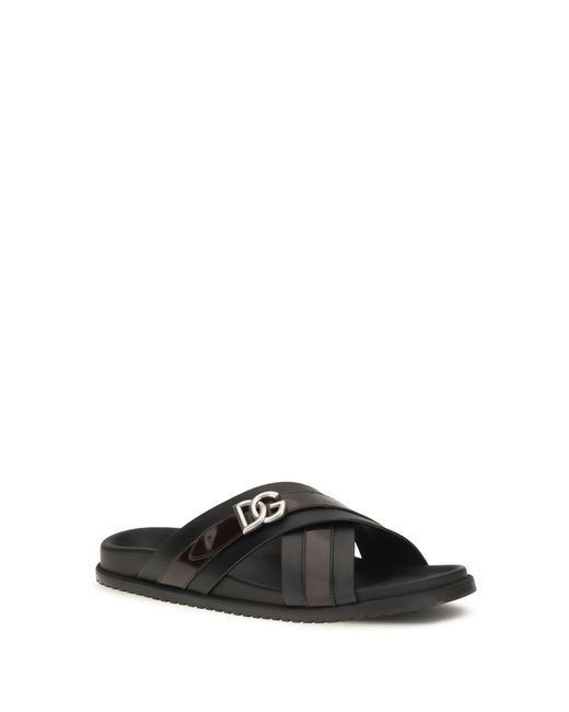Dolce & Gabbana Black Dolce & Gabbana Smooth Calf Leather Slide Sandals Nero for men
