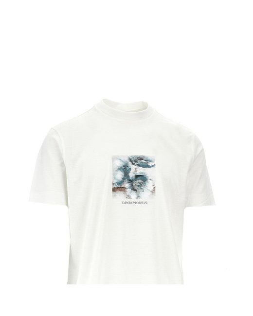 Emporio Armani White Printed And Embroidered Lyocell-Blend T-Shirt for men