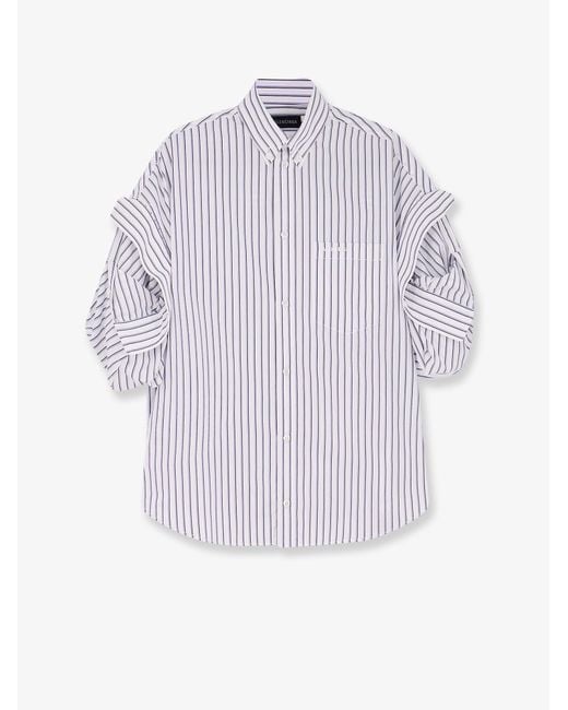 Balenciaga White Tucked Sleeve Striped Cotton Shirt