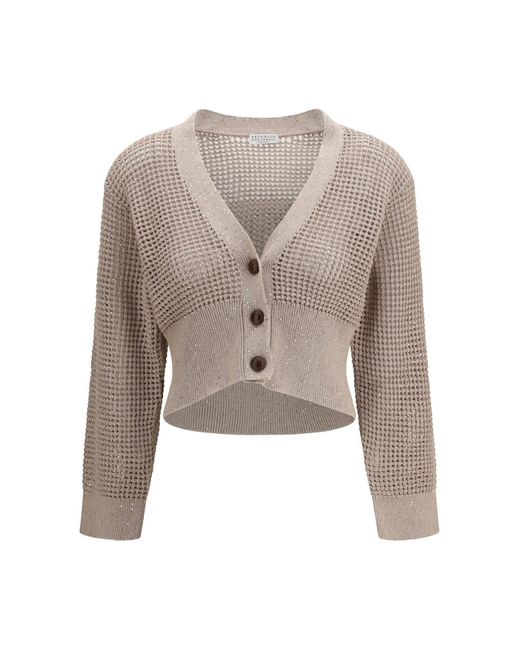 Brunello Cucinelli White Sequined Mesh Cardigan