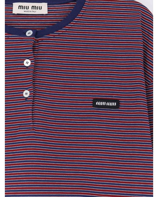 Miu Miu Purple Cotton T-Shirt With Striped Pattern