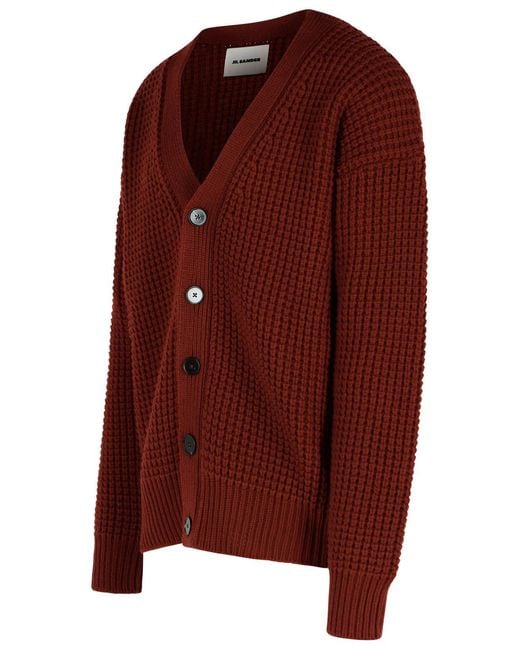 Jil Sander Red Burgundy Virgin Wool Cardigan for men