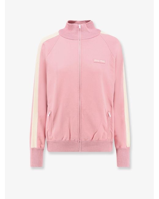 Miu Miu Pink Silk Blend Cardigan With Embroidered Logo Patch