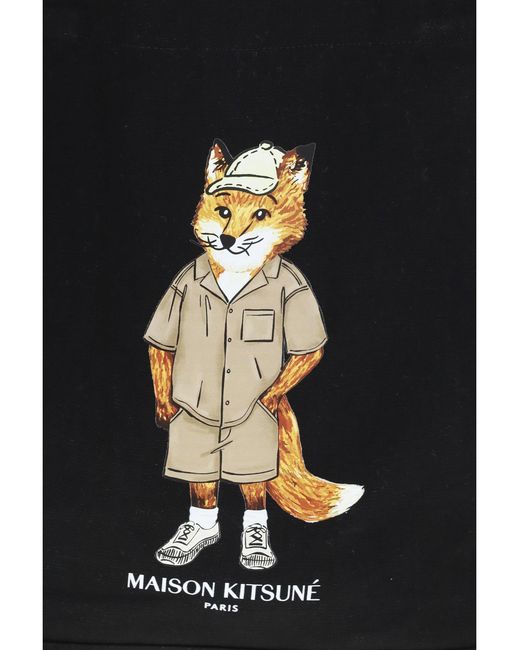 Maison Kitsuné Black Tote Bag Fox Print Canvas for men