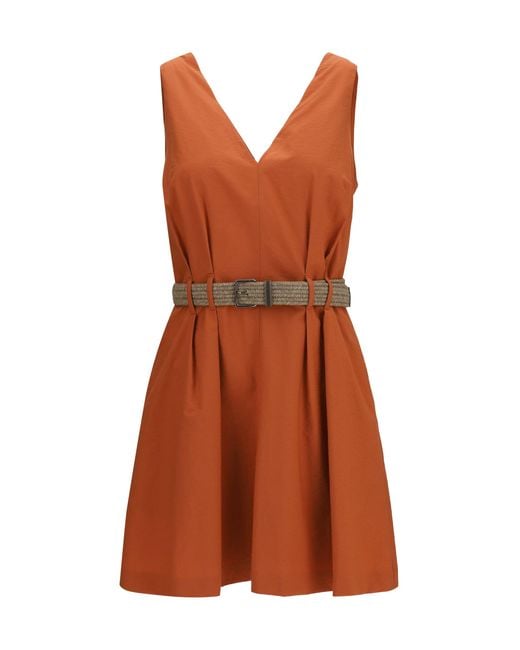 Brunello Cucinelli Brown Pleated Dress With Rope Belt