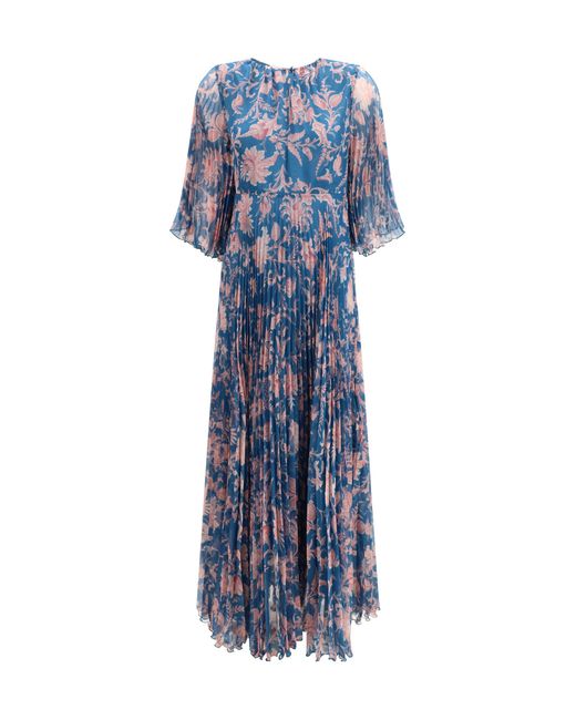Etro Blue Maxi Pleated Dress With Flared Sleeves