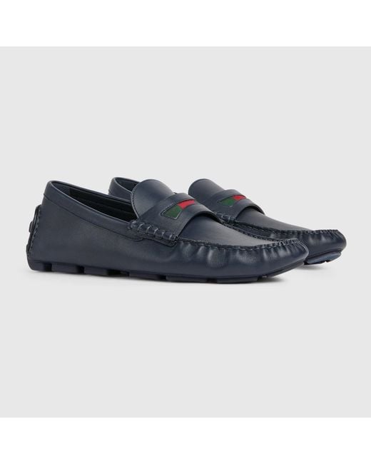 Gucci Blue Web Details Leather Loafers for men