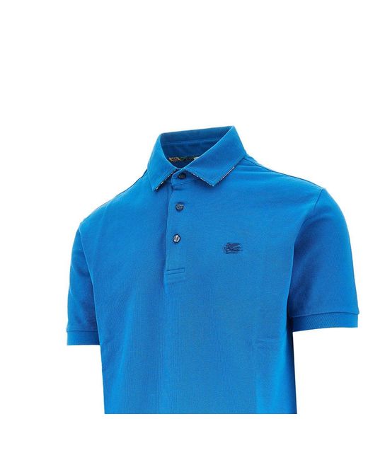 Etro Blue Piquet Polo Shirt With Pegaso Embroidery for men