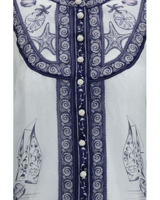 Farm Rio Blue Seaside Print Blouse Coast Scarf Off