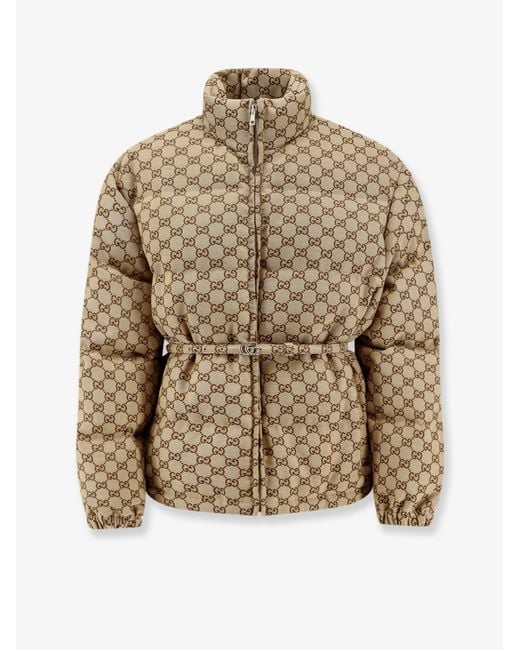 Gucci Natural Gg Fabric Padded Jacket With Belt