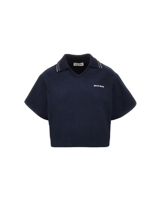 Miu Miu Blue Short-Sleeved Cropped Sweatshirt With Collar