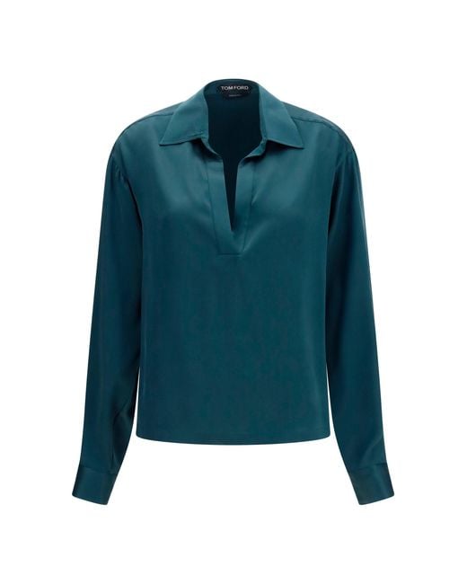 Tom Ford Blue Deep V-Neck Silk Shirt