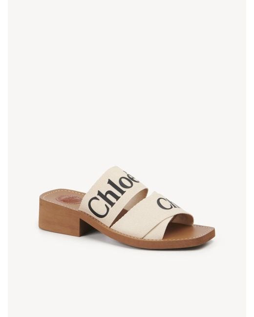 Chloé White Chloé Woody 45Mm Slides Linen Leather
