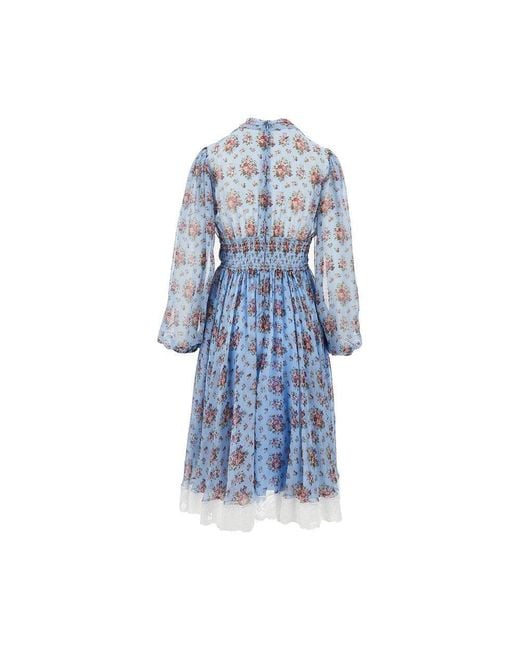 Dolce & Gabbana Blue Bunch Of Flowers Print Chiffon Midi Dress