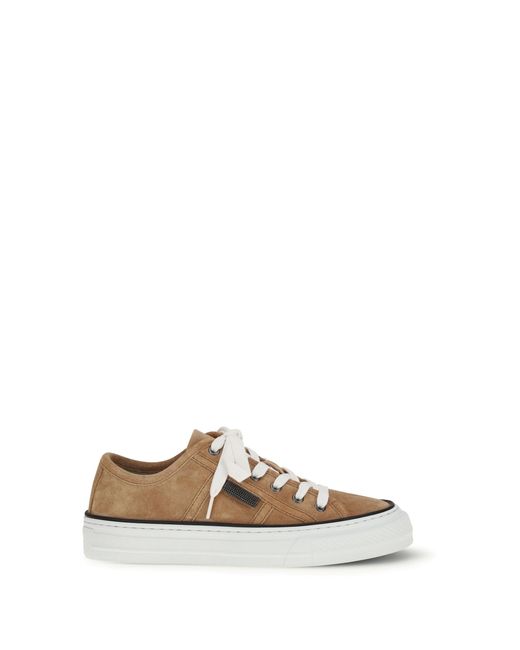 Brunello Cucinelli White Shiny Tab Suede Sneakers