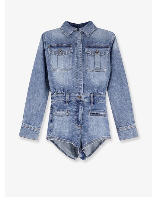 Self-Portrait Blue Self Portrait Denim Jumpsuit With Rhinestones