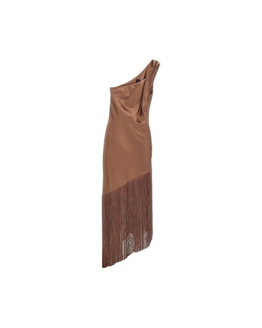 Pinko Brown Fringed Satin Midi Dress