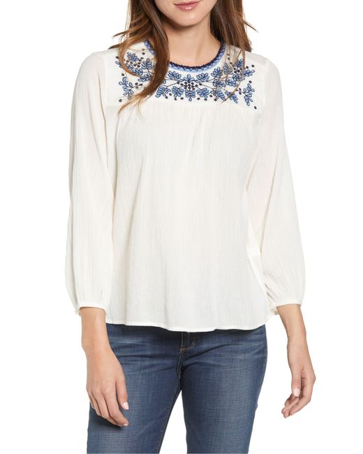Lucky Brand Womens Plus Size Embroidered Neck Peasant Top