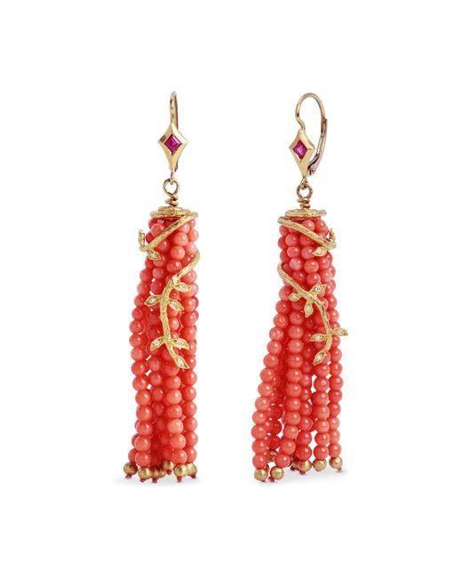 Cathy Waterman Red Coral And Ruby Tassel Vine Yellow Gold Earrings