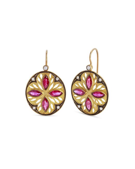 Cathy Waterman Multicolor Ruby Marquise Framed Oval Cutout Yellow Gold Earrings