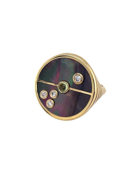 Retrouvai Metallic Dark Mother Of Pearl And Mint Garnet Compass Yellow Gold Ring, 6.5