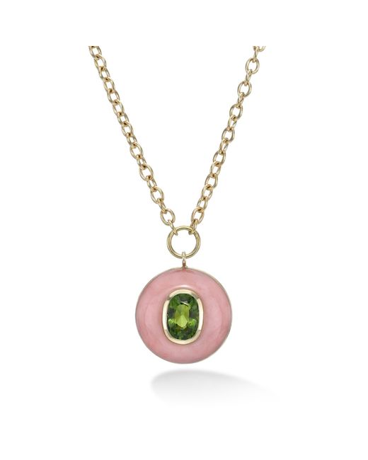 Retrouvai Metallic Green Tourmaline And Pink Opal Lollipop Yellow Gold Pendant Necklace