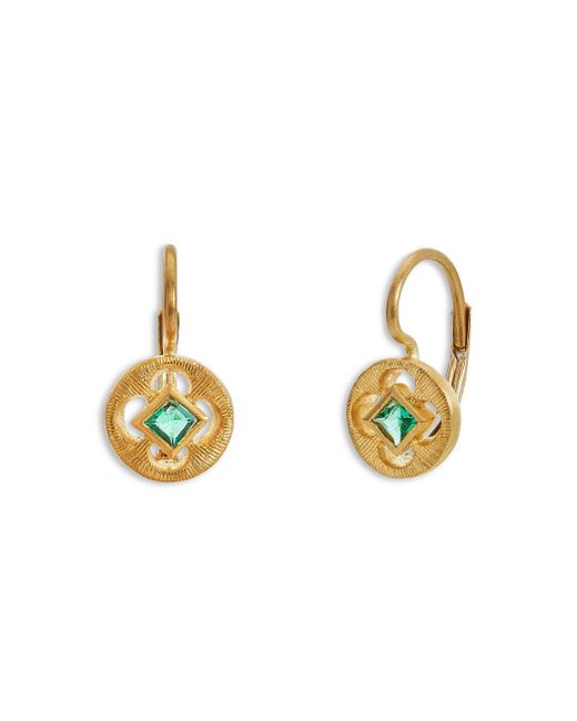 Cathy Waterman Metallic Emerald Etched Yellow Gold Circle Earrings