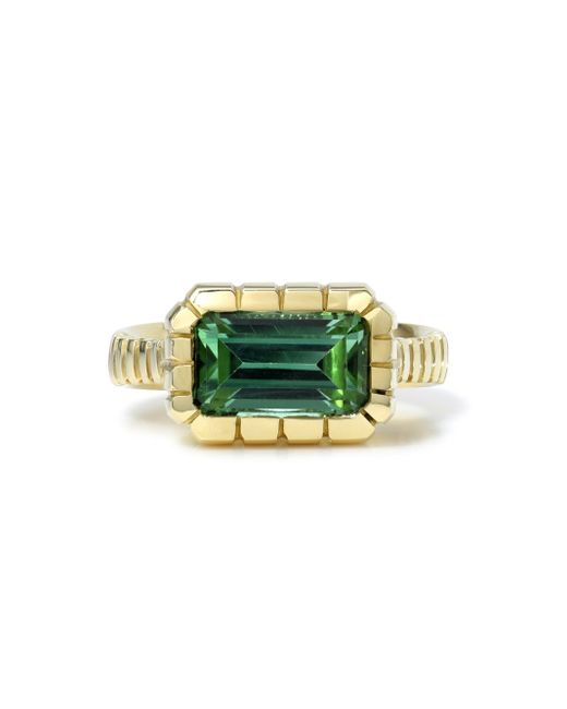 Retrouvai Heirloom Bezel Emerald Cut Green Tourmaline Yellow Gold Ring