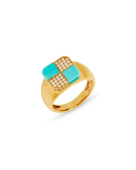 Yvonne Léon Blue Turquoise Mini Damier Yellow Gold Signet Ring