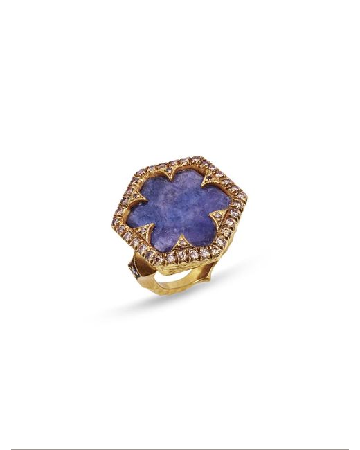 Cathy Waterman Blue Cognac Diamond Framed Rustic Sapphire Hex Yellow Gold Ring