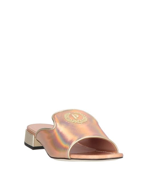 Pollini Pink Embroidered Leather Slide Sandals